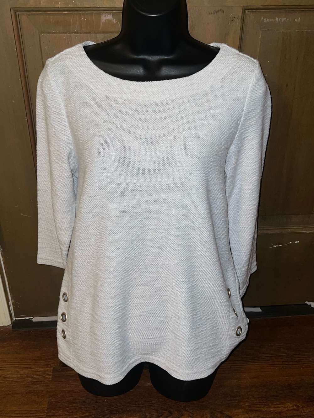 Jones New York White Textured Casual Knit Button-Hem Y2K Tunic Size M